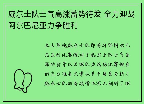 威尔士队士气高涨蓄势待发 全力迎战阿尔巴尼亚力争胜利