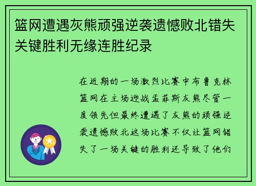 篮网遭遇灰熊顽强逆袭遗憾败北错失关键胜利无缘连胜纪录