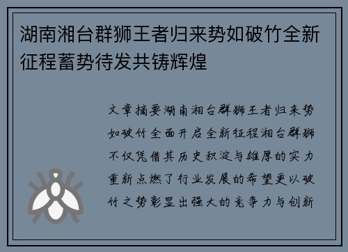 湖南湘台群狮王者归来势如破竹全新征程蓄势待发共铸辉煌