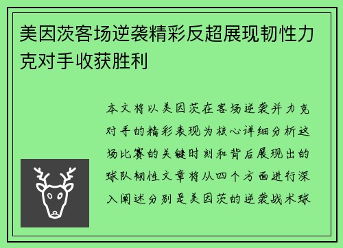 美因茨客场逆袭精彩反超展现韧性力克对手收获胜利