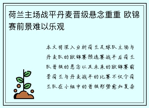 荷兰主场战平丹麦晋级悬念重重 欧锦赛前景难以乐观