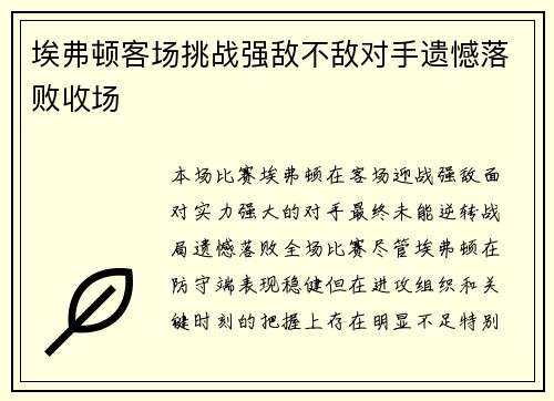 埃弗顿客场挑战强敌不敌对手遗憾落败收场