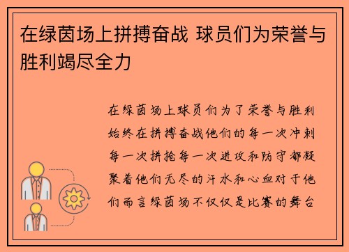 在绿茵场上拼搏奋战 球员们为荣誉与胜利竭尽全力