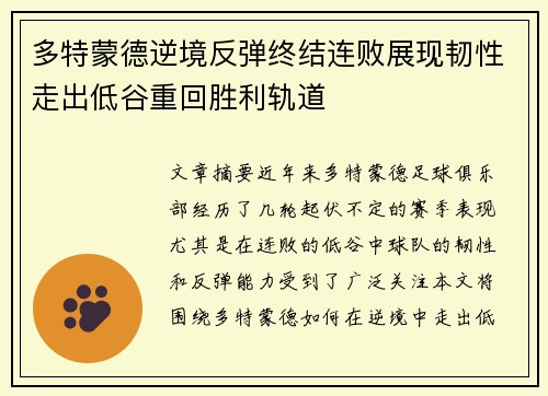 多特蒙德逆境反弹终结连败展现韧性走出低谷重回胜利轨道