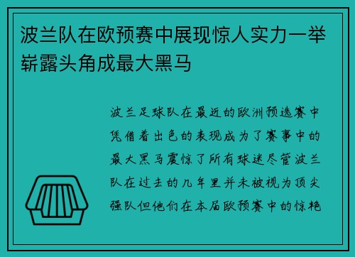 波兰队在欧预赛中展现惊人实力一举崭露头角成最大黑马