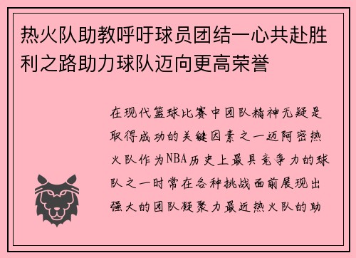 热火队助教呼吁球员团结一心共赴胜利之路助力球队迈向更高荣誉