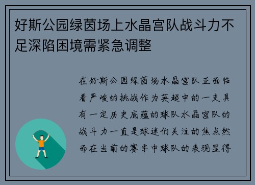 好斯公园绿茵场上水晶宫队战斗力不足深陷困境需紧急调整