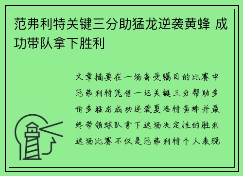 范弗利特关键三分助猛龙逆袭黄蜂 成功带队拿下胜利
