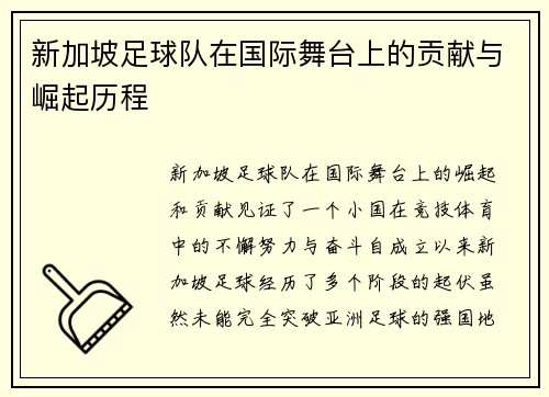 新加坡足球队在国际舞台上的贡献与崛起历程