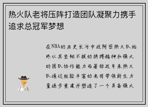 热火队老将压阵打造团队凝聚力携手追求总冠军梦想